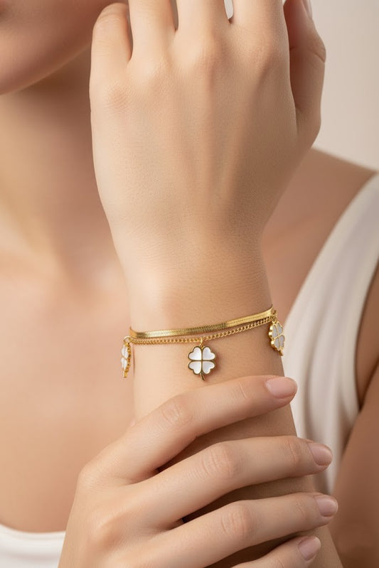 Stainless Steel Double Layer Clover Charm Bracelet – Gold