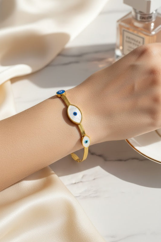 Stainless Steel Evil Eye Shell Bracelet – Gold