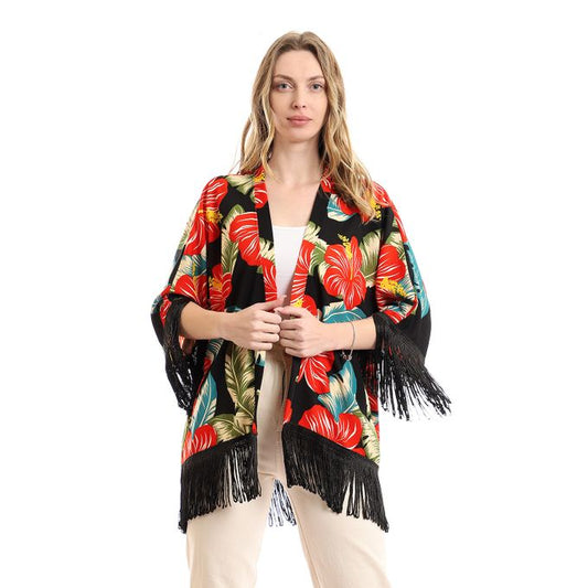 Floral Decorated Fringes Open Neckline Cardigan