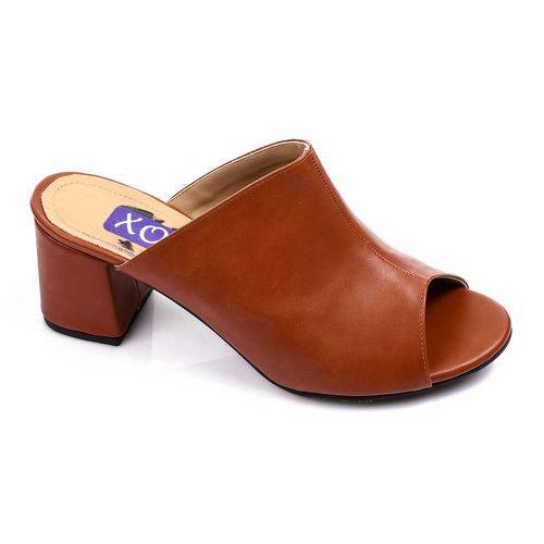 Faux Leather Peep-Toe Block Heel Mules - Brown