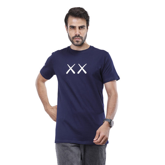 Navy- Graphic Printed Tee With Round Neck