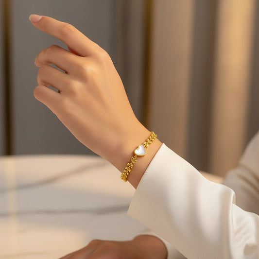 Stainless Steel Leaf Chain Bracelet with Shell Heart Charm – Gold