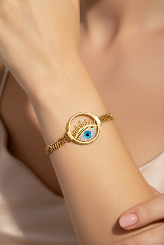Stainless Steel Crystal Evil Eye Mesh Bracelet – Gold
