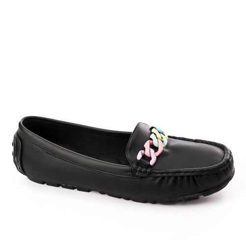 Faux Leather Loafers with Multicolor Chain – Black