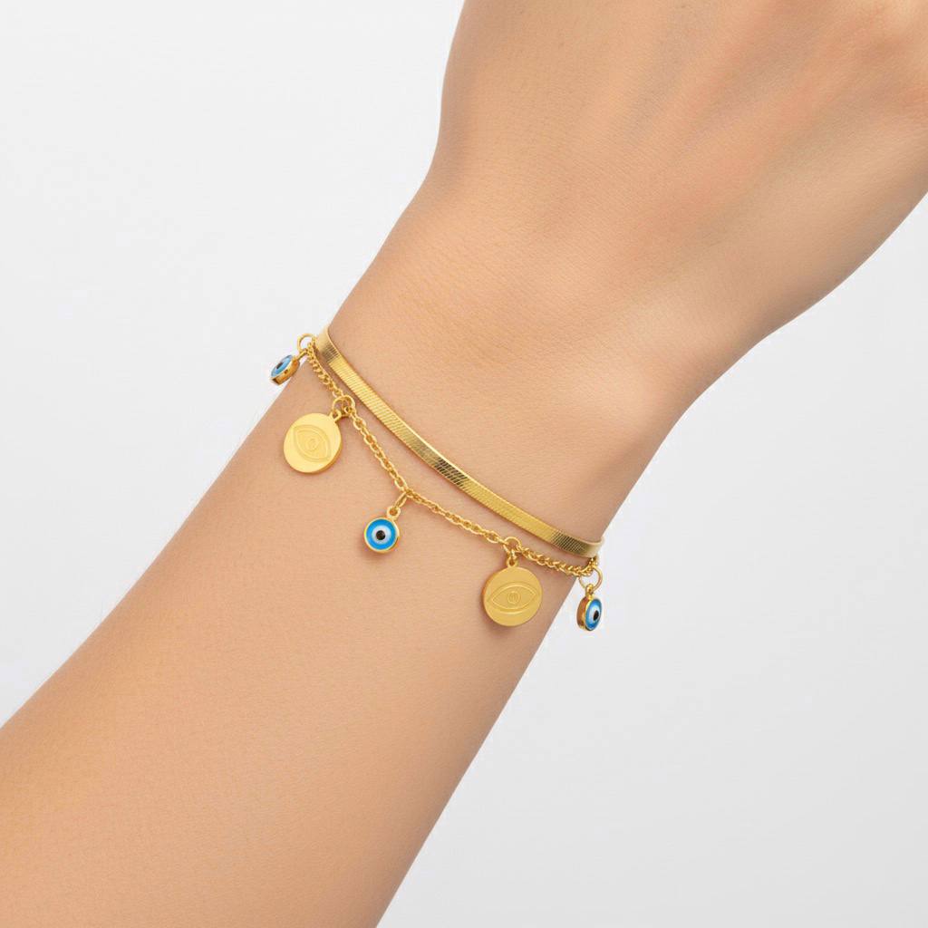Stainless Steel Double Layer Evil Eye Charm Bracelet – Gold