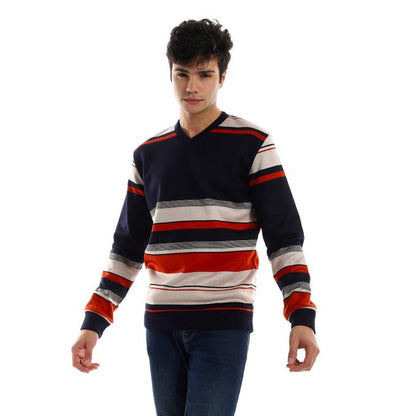 triped V-Neck Fleeced Pullover