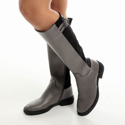 Leather & Suede Zipper Riding Boots - Grey & Black