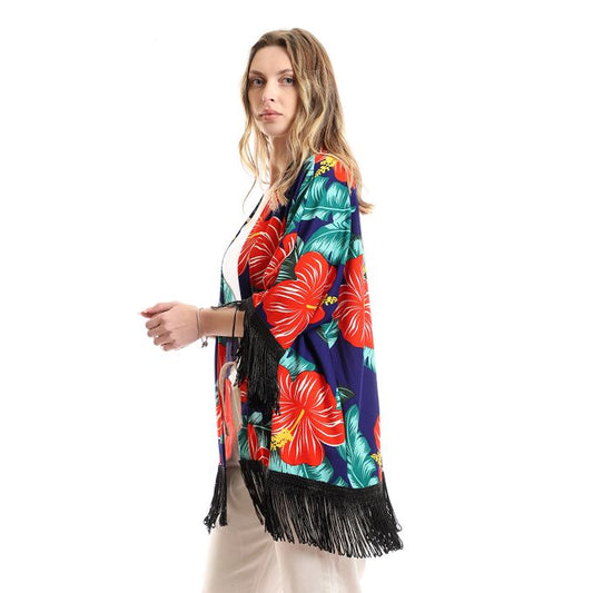 Floral Decorated Fringes Open Neckline Cardigan