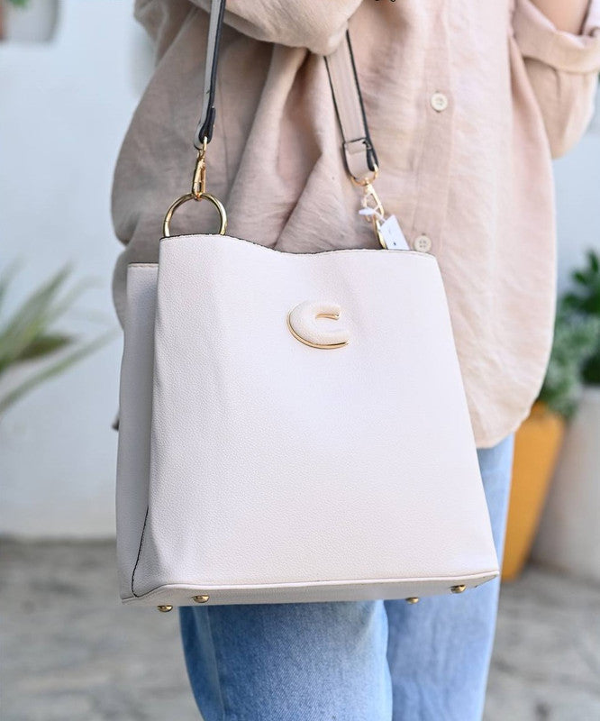 Faux Leather Hand Bag with Cross Hand – White