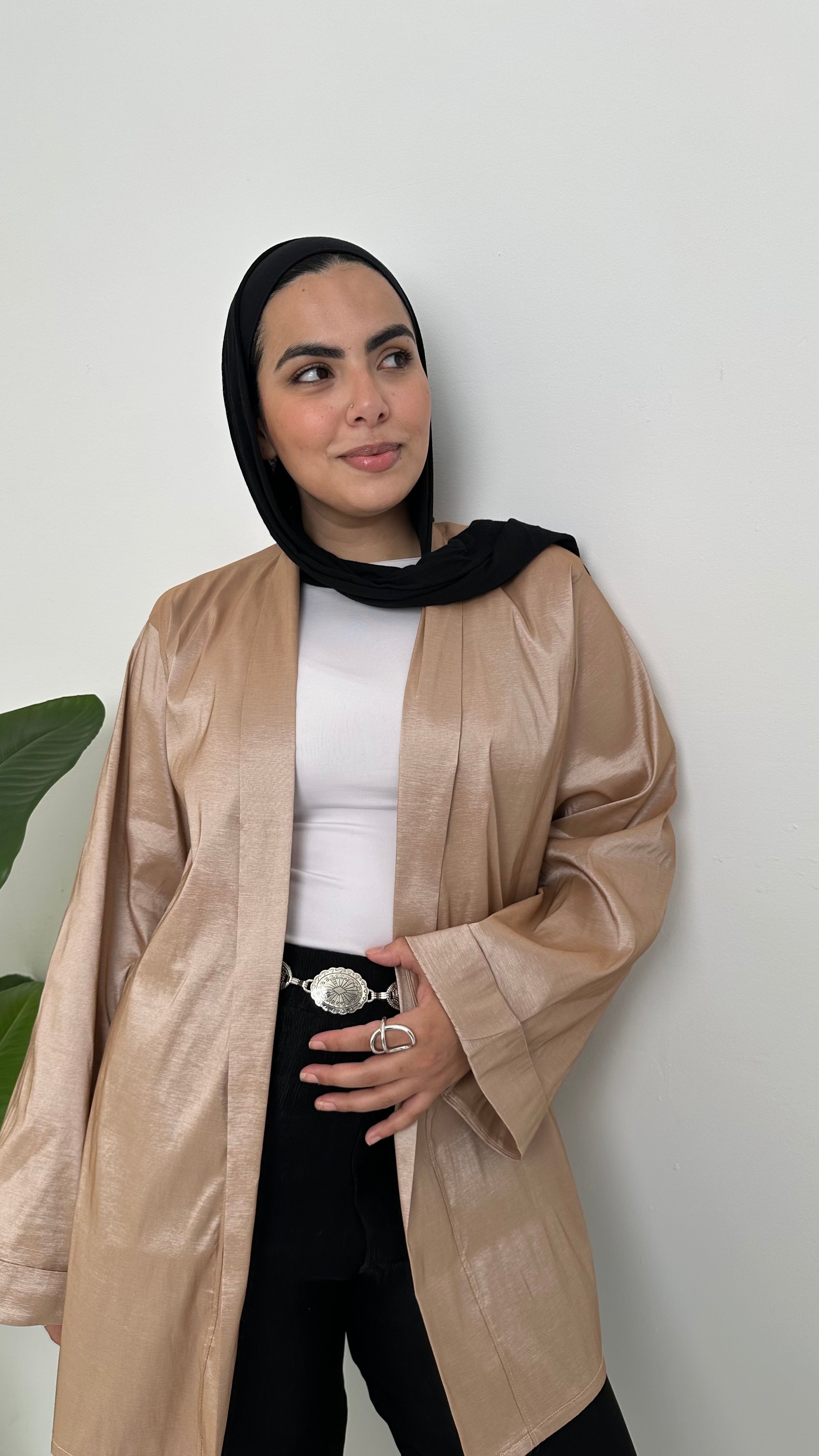 Satin Solid Kimono Jacket – Nude