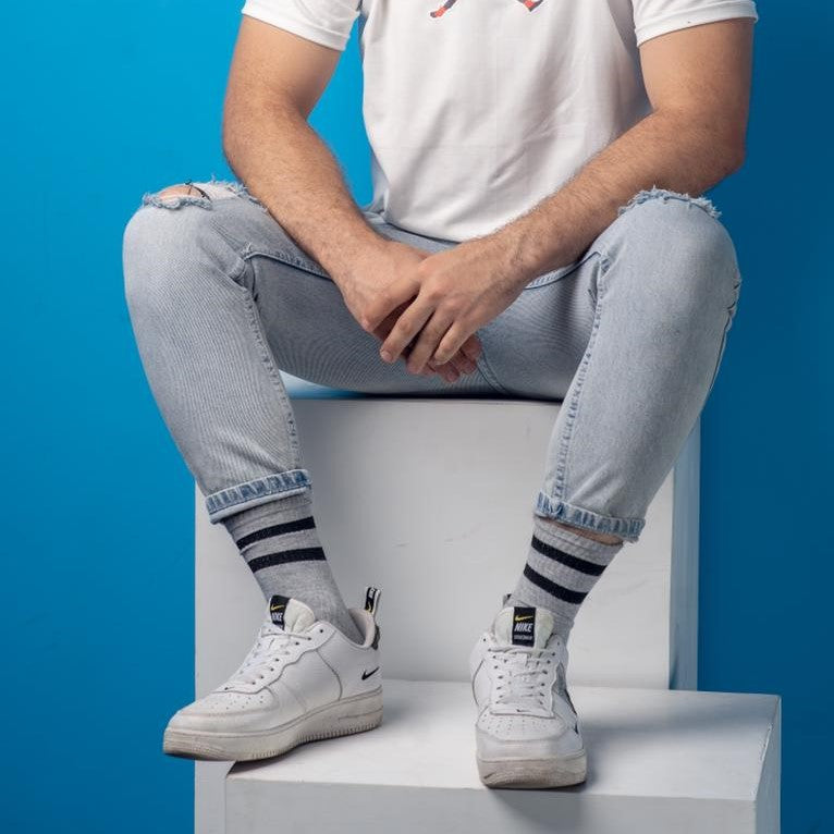 Cotton Basic Striped Crew Socks – Grey