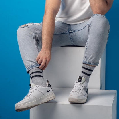 Cotton Basic Striped Crew Socks – Grey