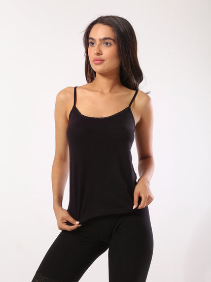 Thin Lace Edge Tank Top - Black