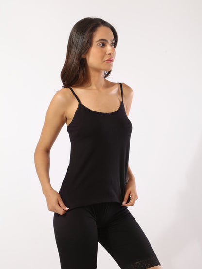 Thin Lace Edge Tank Top - Black