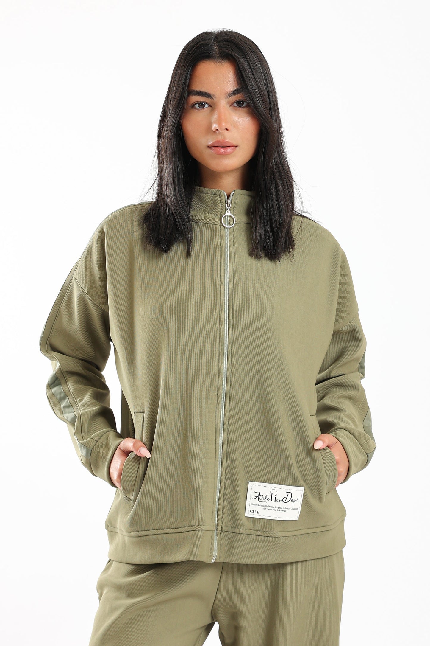 Ribbed Zipped Lounge Jacket - Olive