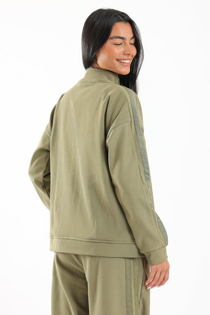 Ribbed Zipped Lounge Jacket - Olive