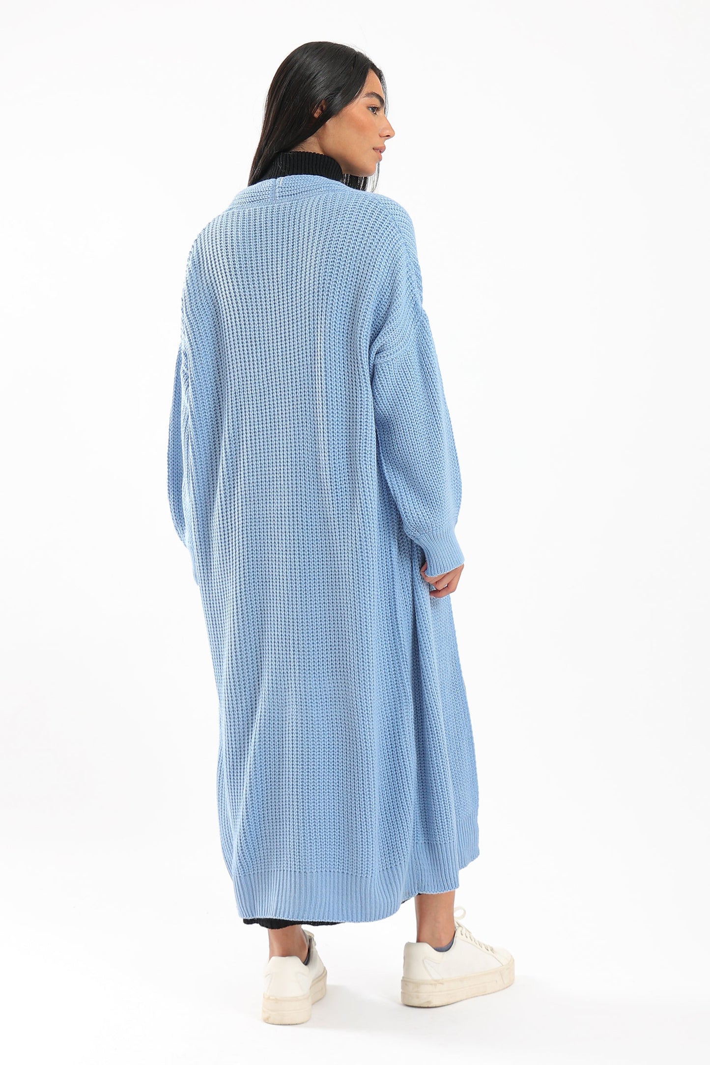 Long Knitted Cardigan With Puff Sleeves - Light Blue