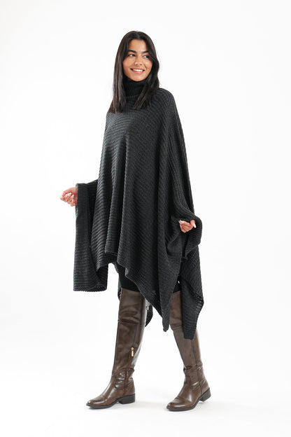 Wool Poncho with Turtle Neck - Dark Grey