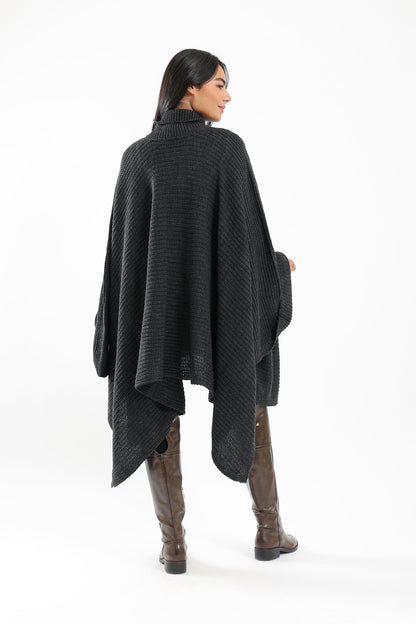 Wool Poncho with Turtle Neck - Dark Grey