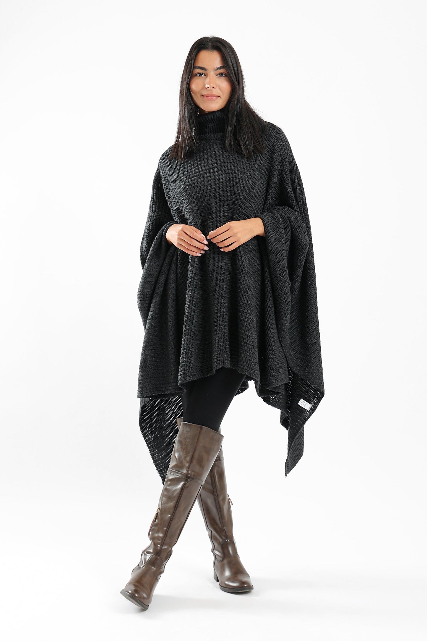 Wool Poncho with Turtle Neck - Dark Grey