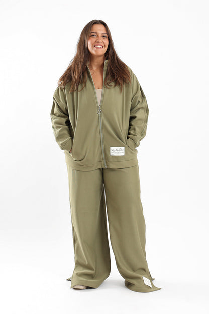 Ribbed Zipped Lounge Jacket - Olive