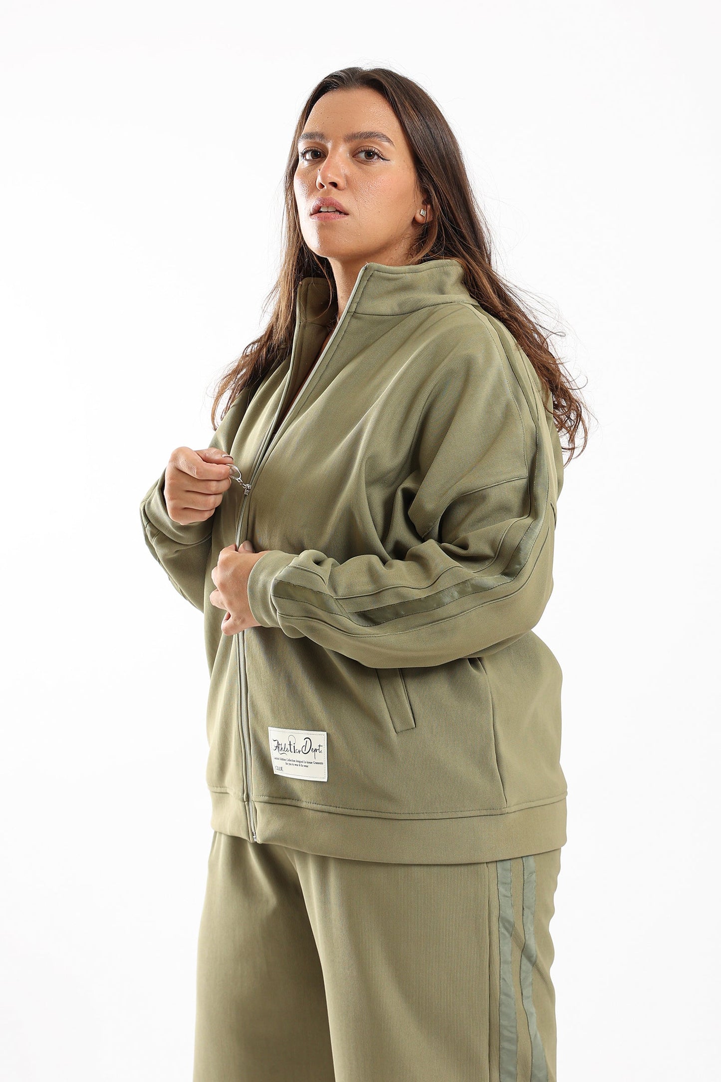 Ribbed Zipped Lounge Jacket - Olive