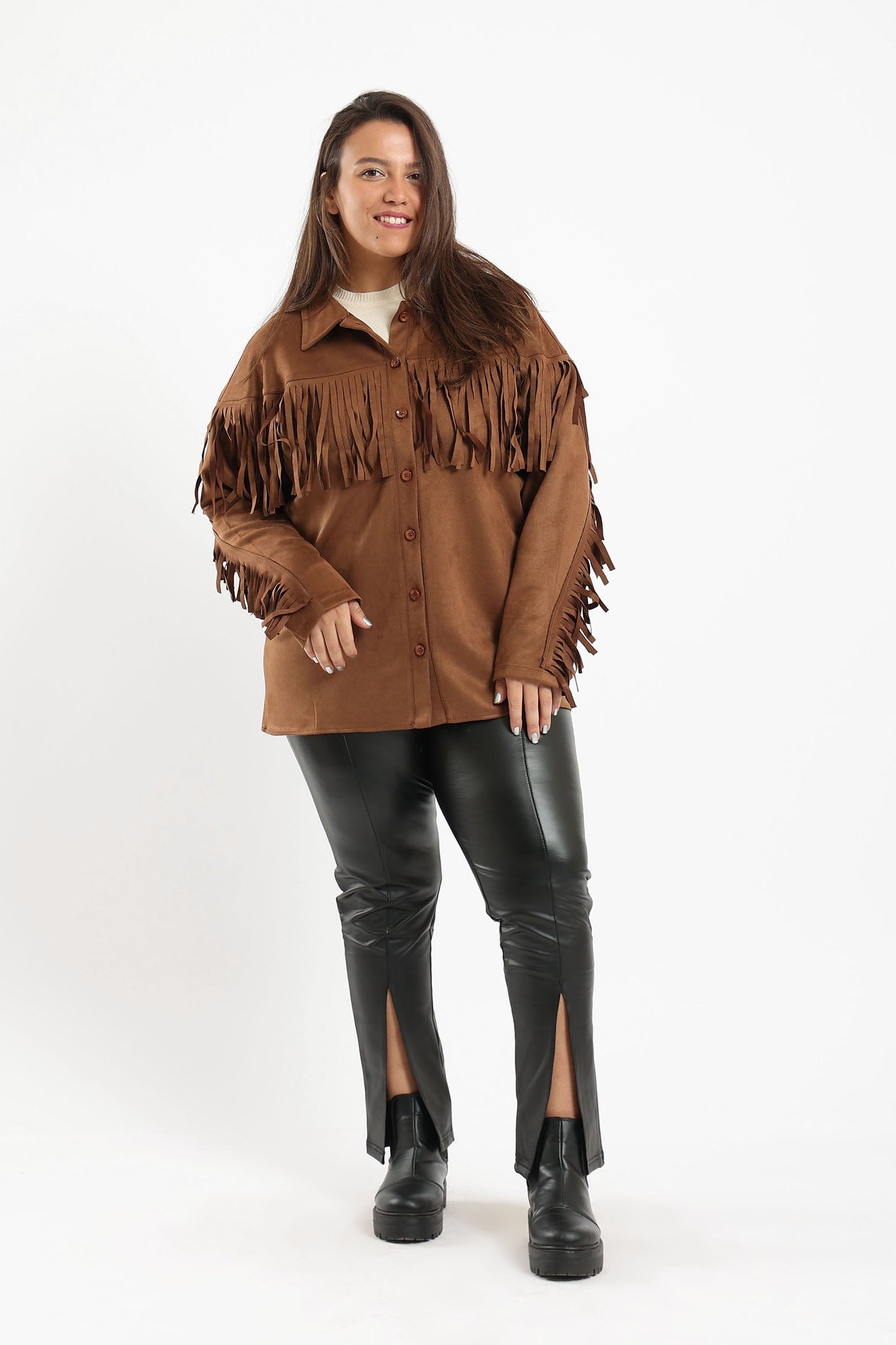 Suede Shirt with Fringes - Brown