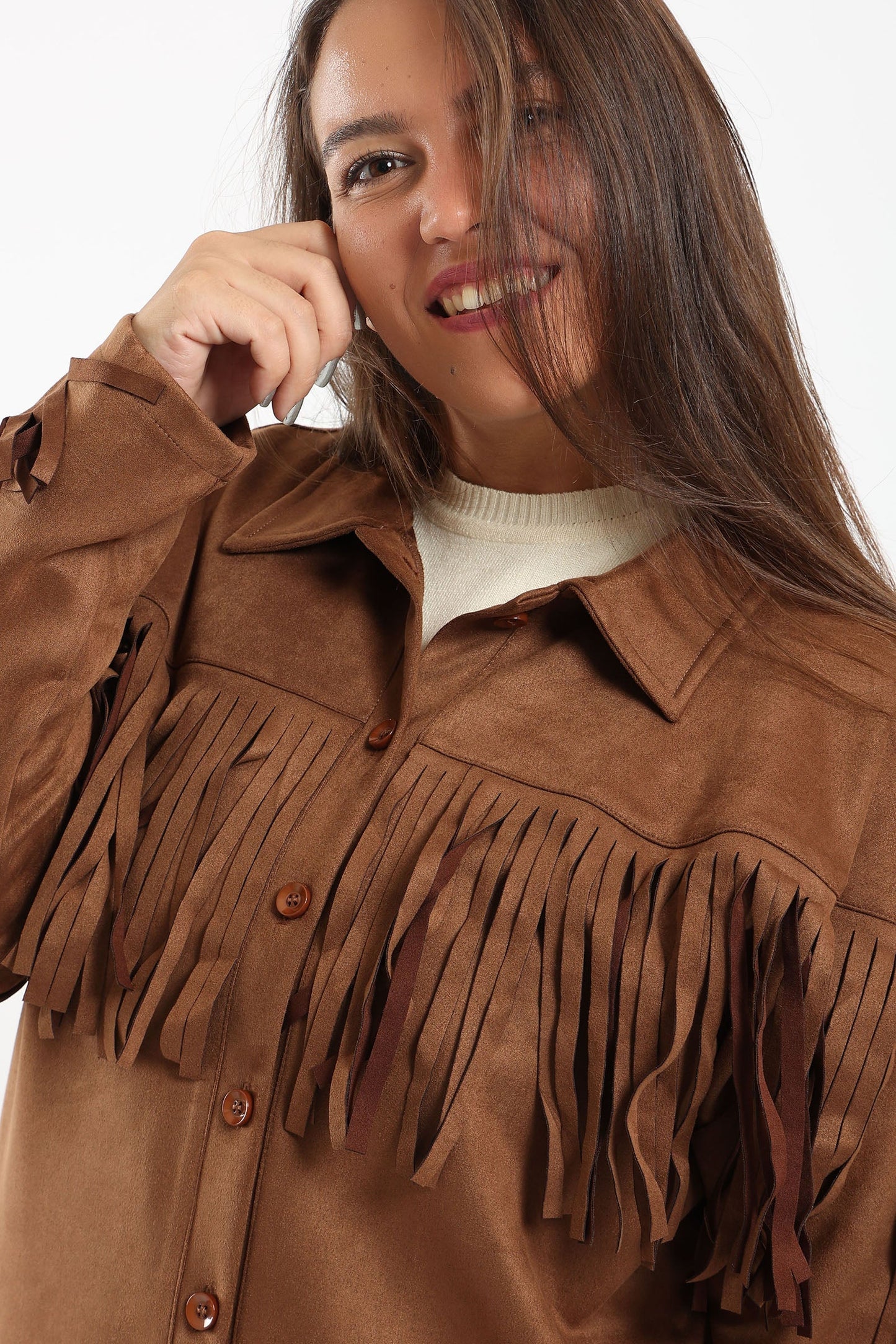 Suede Shirt with Fringes - Brown