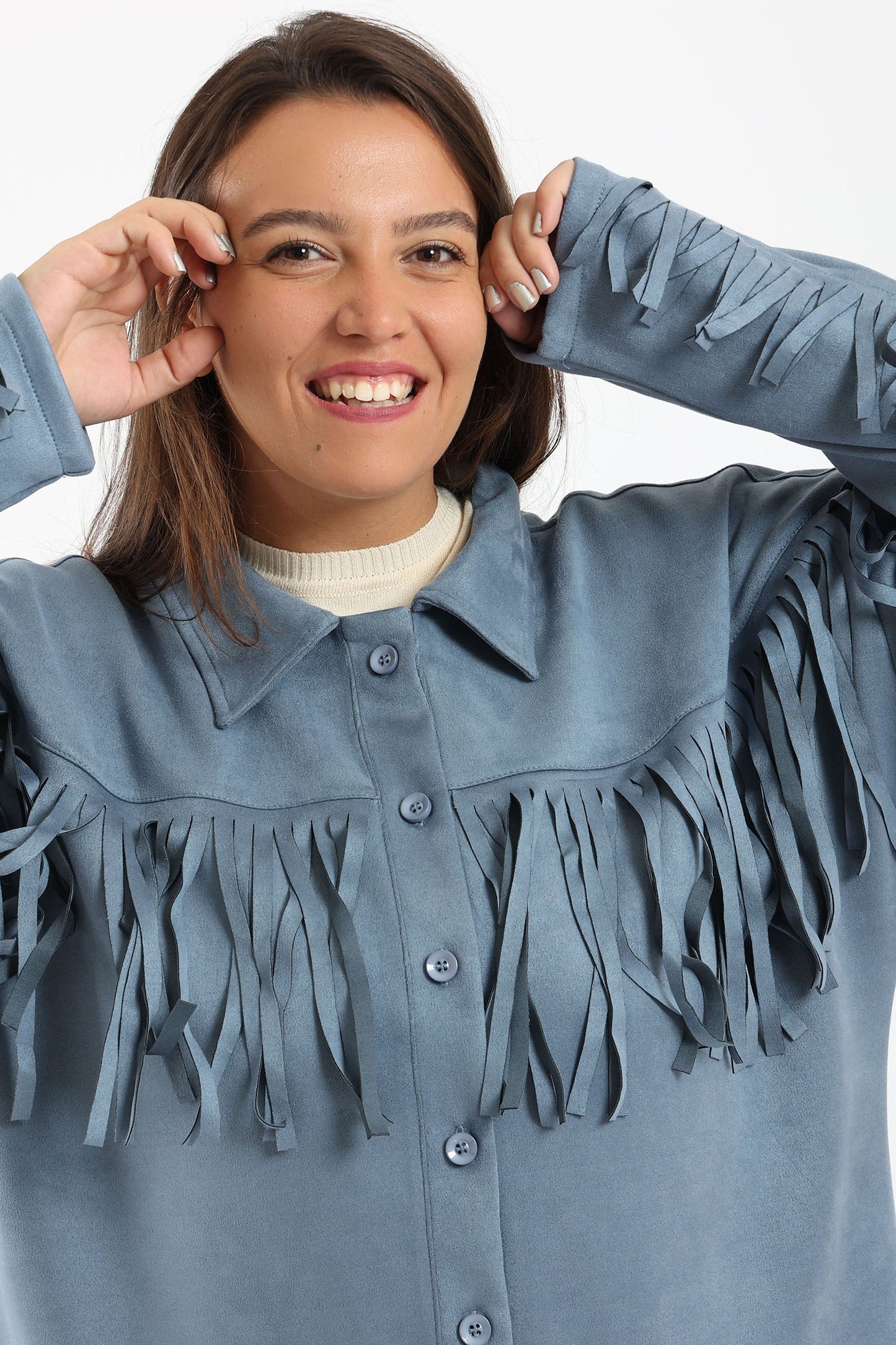 Suede Shirt with Fringes - Light Indigo