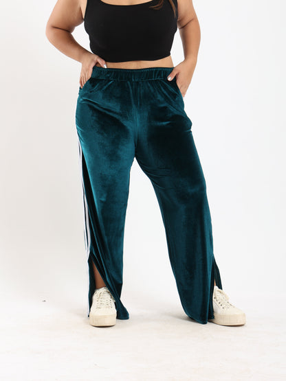 Velvet Striped Lounge Pants - Teal Green