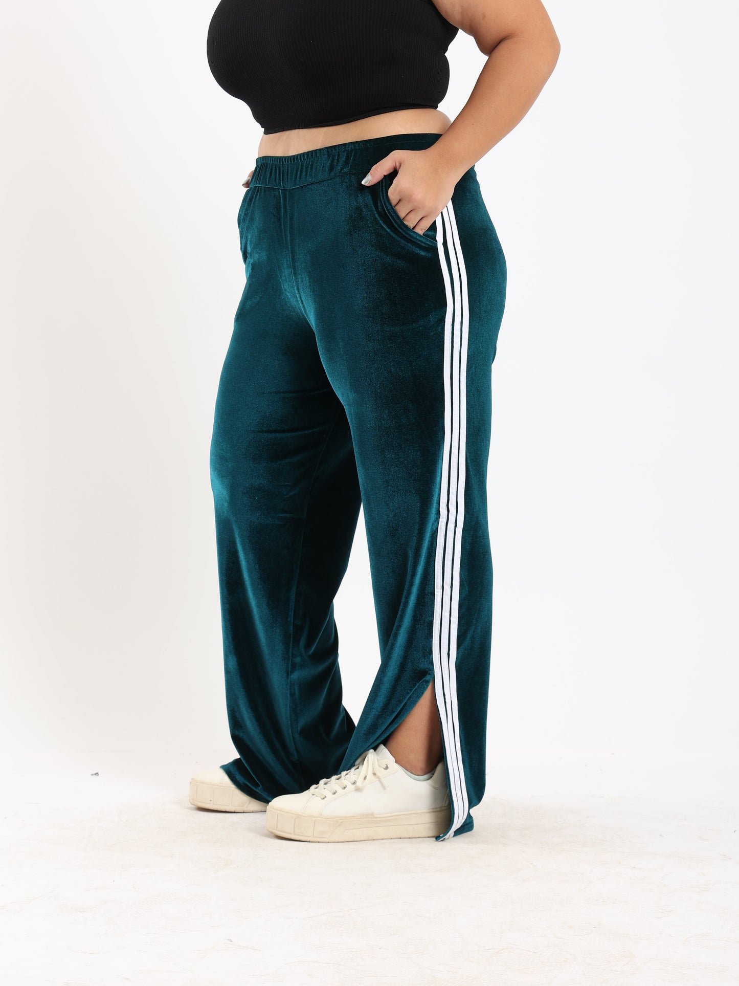 Velvet Striped Lounge Pants - Teal Green