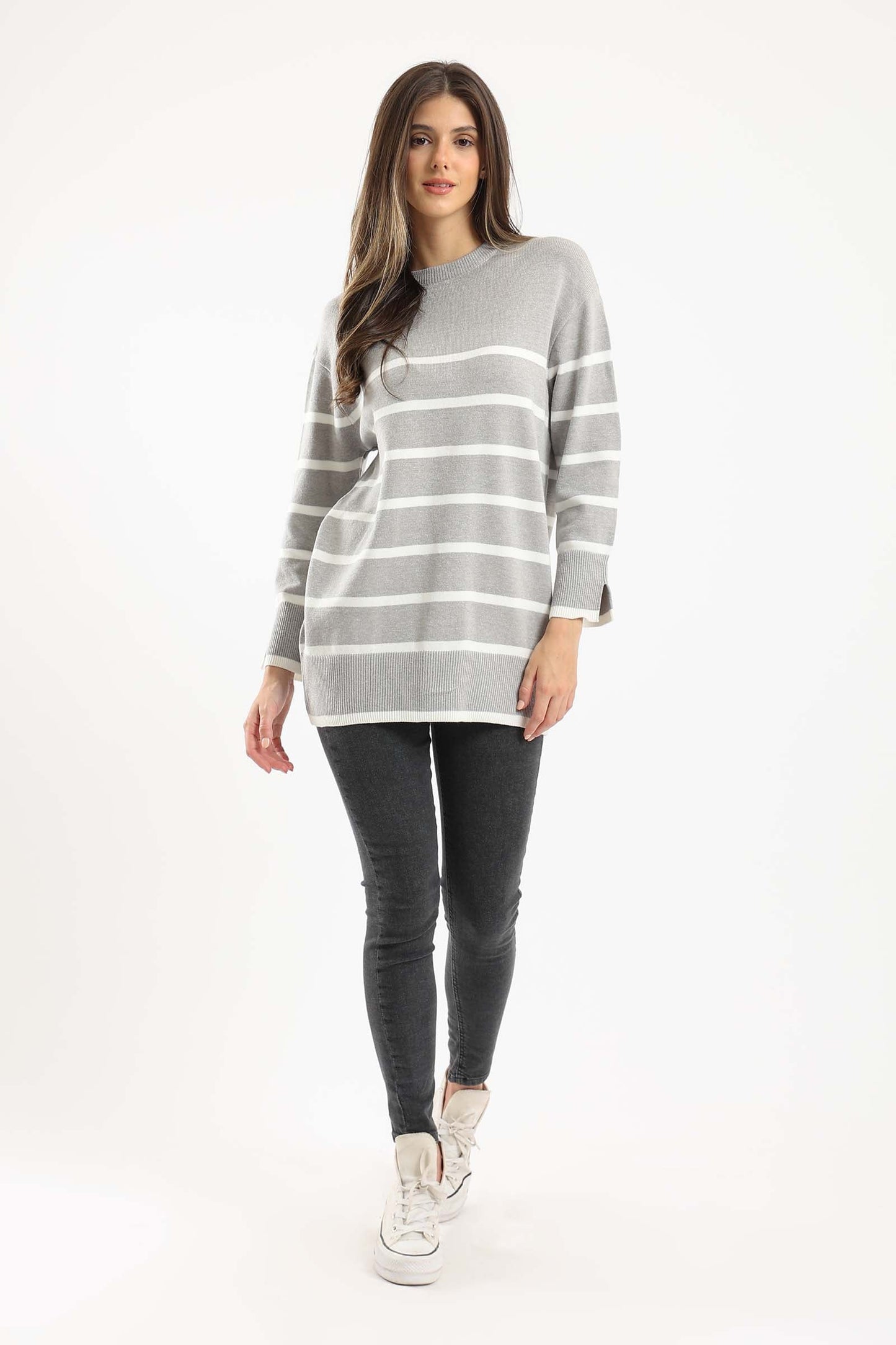 Striped Color Contrast Pullover - Silver