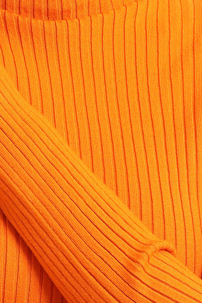 Ruffle Edges Ribbed Pullover - Orange