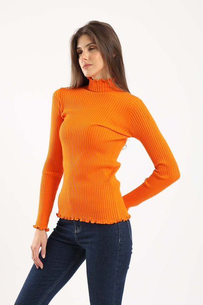 Ruffle Edges Ribbed Pullover - Orange