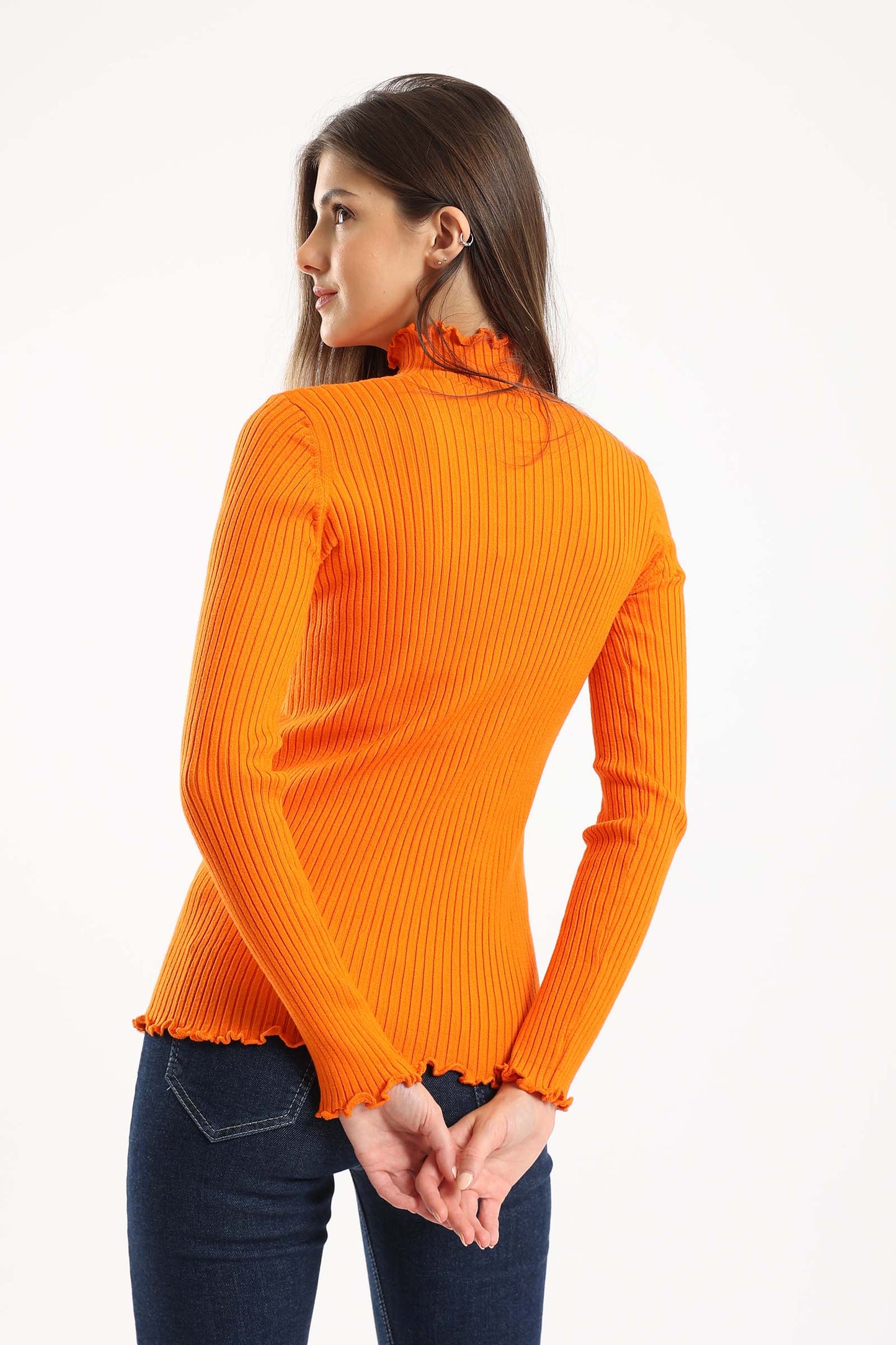 Ruffle Edges Ribbed Pullover - Orange