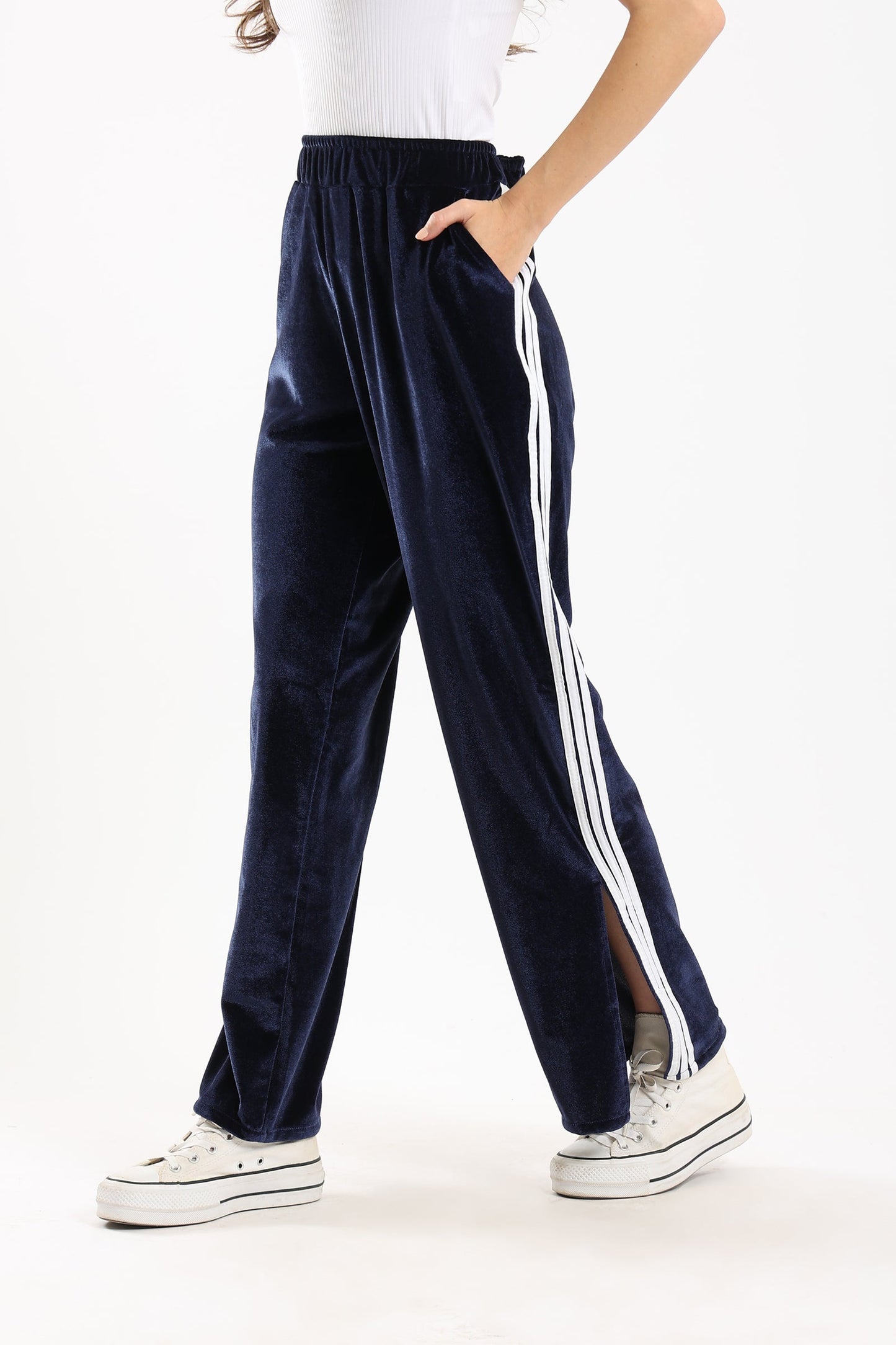 Velvet Striped Lounge Pants - Navy