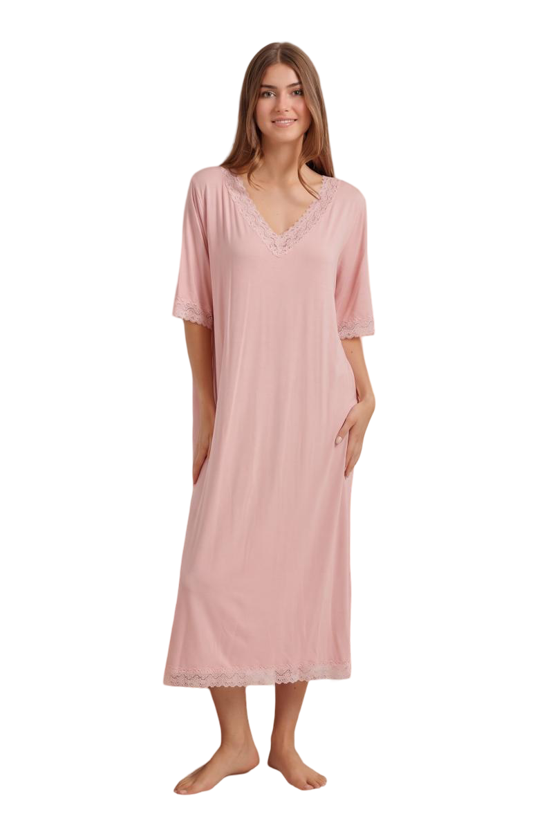 Lace Trim Midi Nightgown - Pink