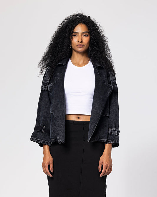 Denim Collar Black Cropped Jacket - Black