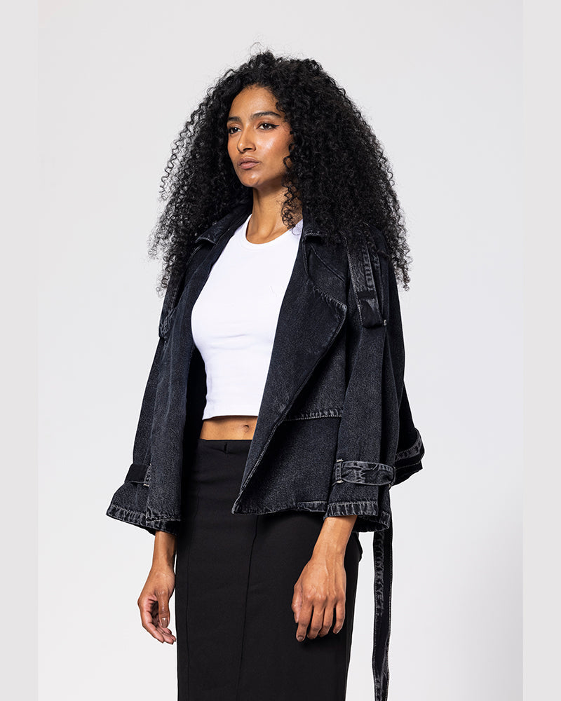 Denim Collar Black Cropped Jacket - Black