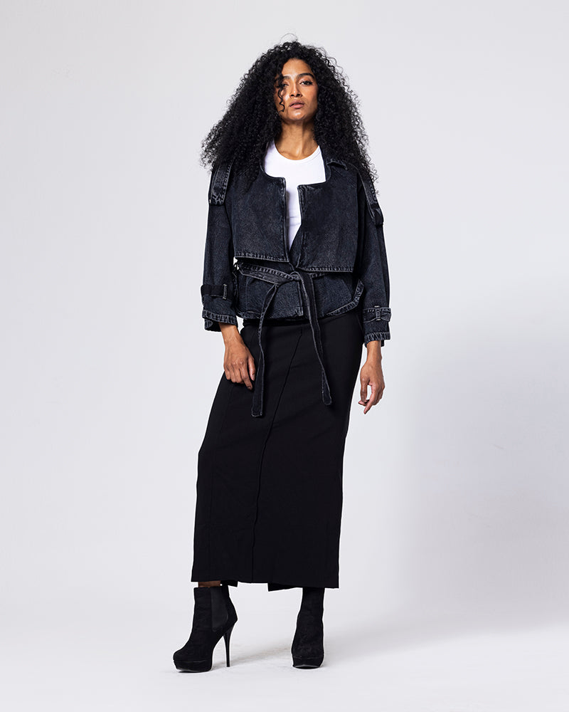 Denim Collar Black Cropped Jacket - Black