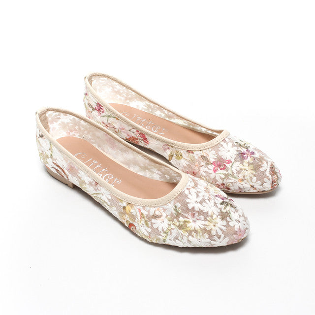 Floral Mesh Ballerina Flats - Beige