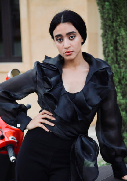 Organza Ruffled Wrap Blouse – Black