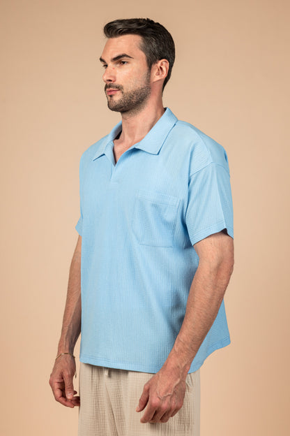 Moon Crushed Boxy Fit Polo Shirt - Sky Blue