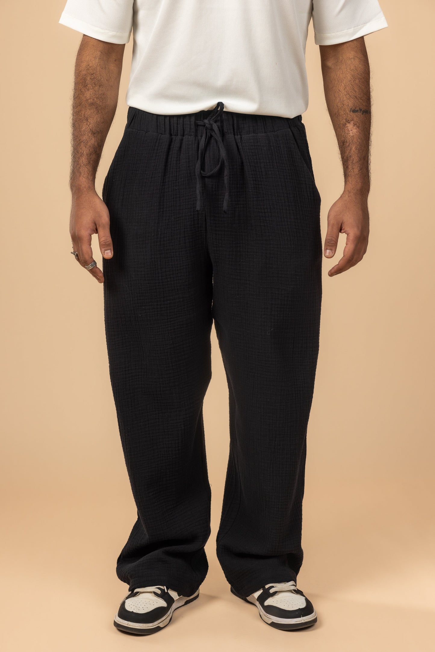Wide Leg Cotton Pants - Black