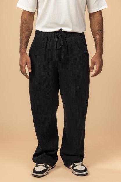Wide Leg Cotton Pants - Black