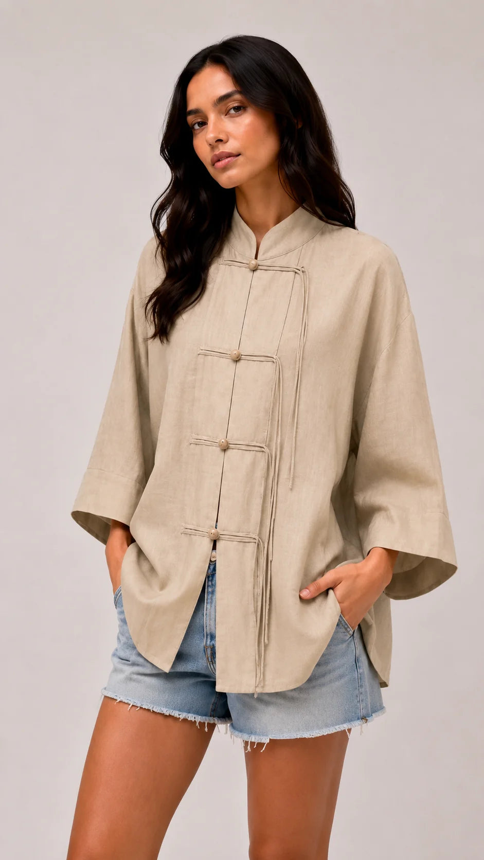 Chinese Cut Pleated Kimono – Sandy Beige