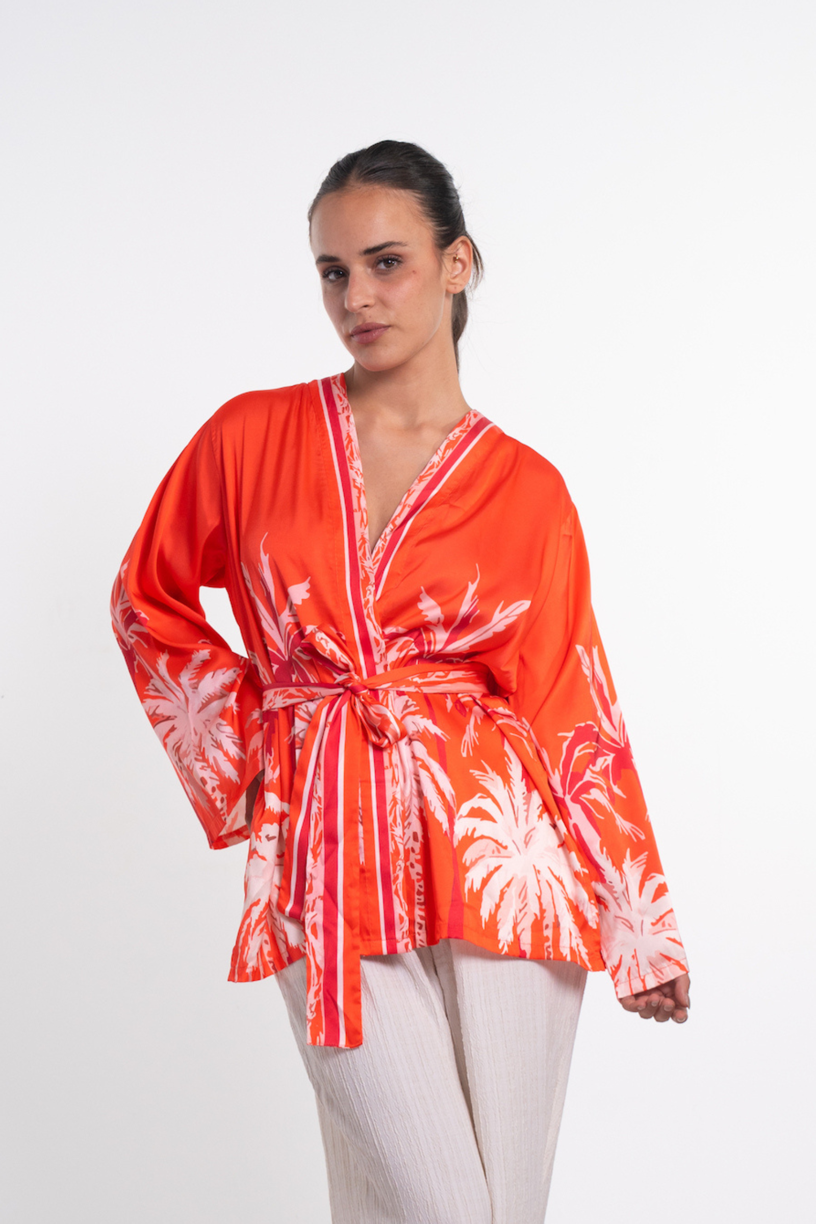 Printed Belted Kimono - Orange