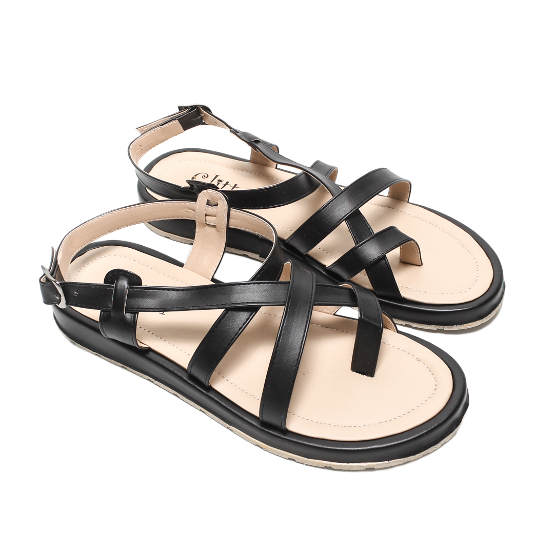 Cross Strap Flat Sandals – Black