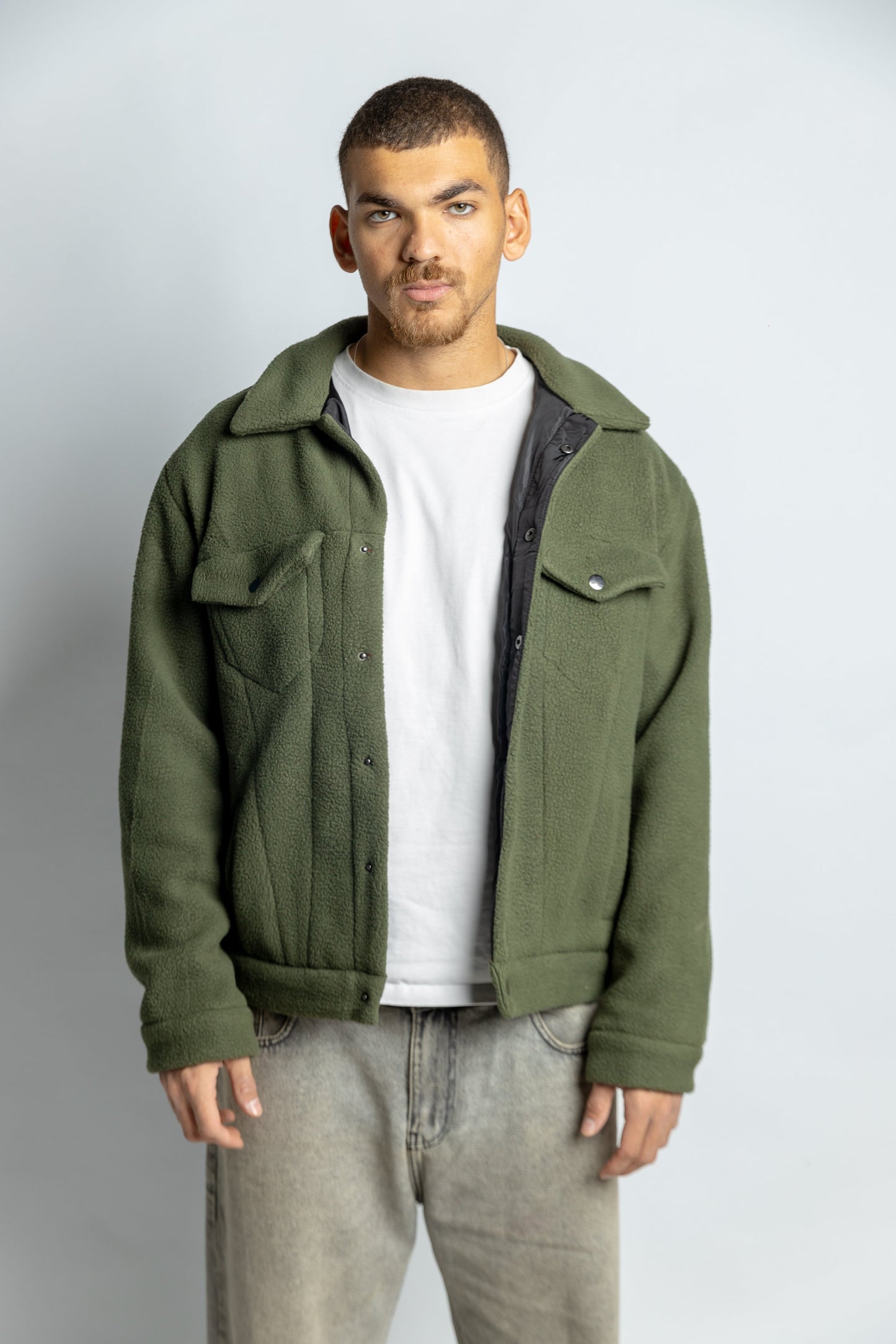 Oversized Cropped Teddy Jacket - Olive Green