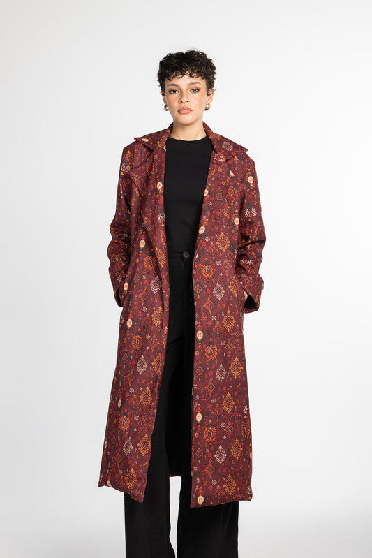 Polyester Printed Long Coat – Burgundy
